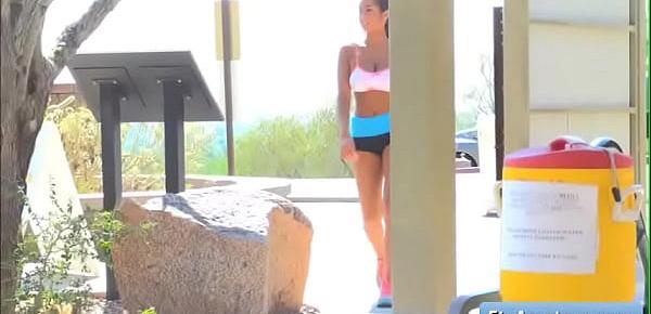 Sexy natural big tit redhead amateur Stacy goes for a run in the sun and toy her juicy pussy by some rocks